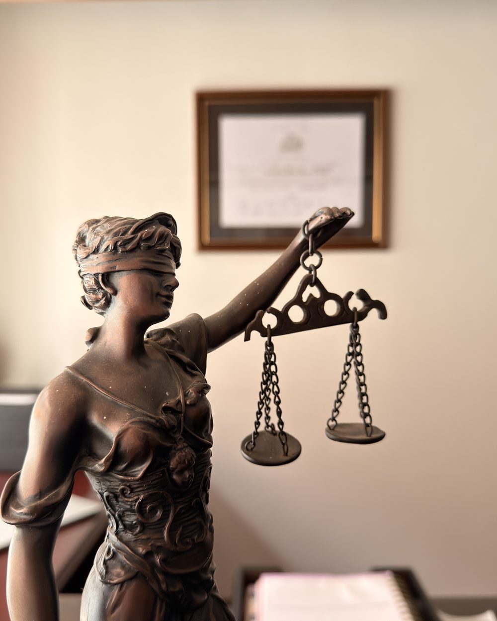 Estatua de la dama de la justicia con la balanza en la oficina de Rivera Bernasconi Abogados, Los Ángeles